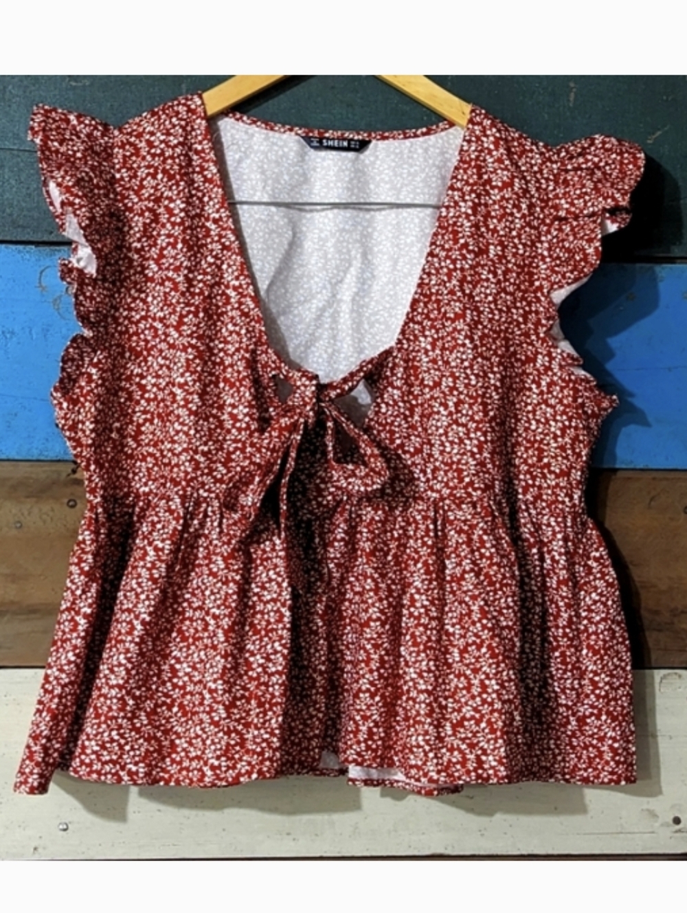 Women's XL Tie Front Floral Ruffle Smock Top  Baby Doll Crop Shein E